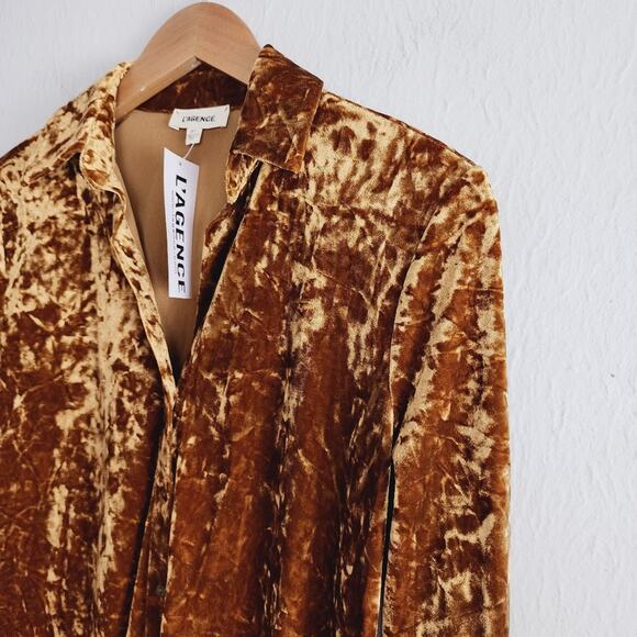 NWT L'Agence Laurent Crushed Velvet Burnout Button Down Blouse XS Khaki - Picture 5 of 11